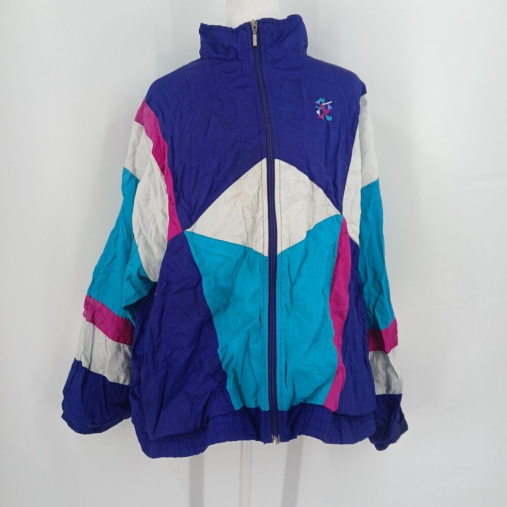 Vintage Bold Spirit Colorblock Windbreaker Jacket Purple Teal 90s Track Coat XL